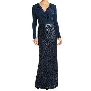 Tadashi Shoji Navy Blue Long Sleeve Sequin Evening Gown Maxi Dress Sz 4 NEW Tags